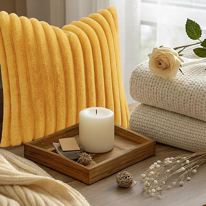 decorUhome Fall Faux Fur Throw Pillow Covers 18x18 Set of 2 Mustard Yellow | Decorative Soft Cozy Striped Plush Modern Farmhouse Boho Couch Pillow Cases Velvet Back for Sofa Bed Living Room Home Decor