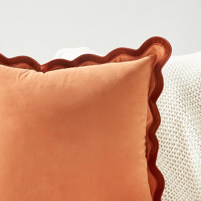 MONDAY MOOSE Decorative Throw Pillow Covers Cushion Cases, Set of 2 Soft Velvet Scalloped Wavy Edge Designs, Mix and Match for Home Decor, Pillow Inserts Not Included (22x22 inch, Rust/Coral)