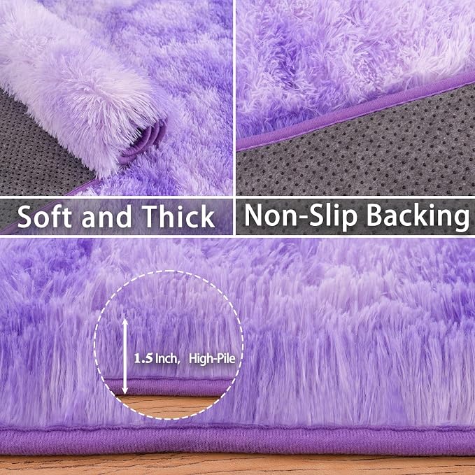 Dssimo 9x12 Area Rugs for Living Room, Purple Tie-Dyed Plush Fluffy Carpet | Upgrade Non-Slip Thick Large Plush Shag Rugs for Nursery Kids Room Dorm Room Home Decor, Indoor Plush Floor Carpet