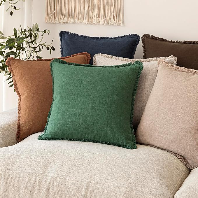 Foindtower Set of 2 Decorative Linen Fringe Throw Pillow Covers Cozy Boho Farmhouse Cushion Cover with Tassels Soft Accent Pillowcase for Couch Sofa Bed Living Room Home Decor, 24×24 Inch, Pine Green