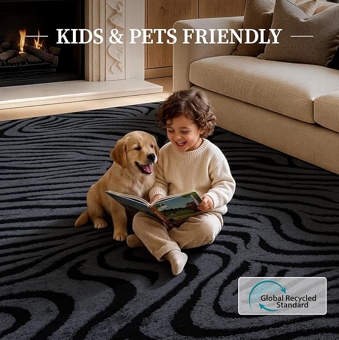 YIHOUSE 5×7 Ft Zebra Area Rugs Black and Grey: Washable Nonslip Plush Soft Rug for Living Room - High-Low Striped Carpet for Bedroom Dining Room Office Playroom Nursery Home Decor