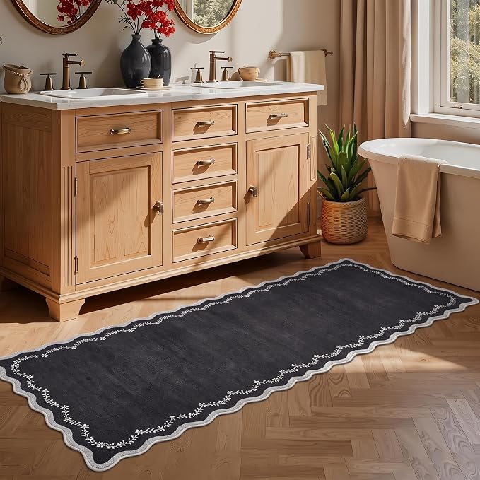 GarveeHome 2x6 Scalloped Washable Runner Rug Non Slip Hallway Kitchen Rug | Soft Black Runner Entryway Rug Farmhouse Thin Laundry Mat Stain Resistant Carpet for Bedroom Bathroom Beside Rug