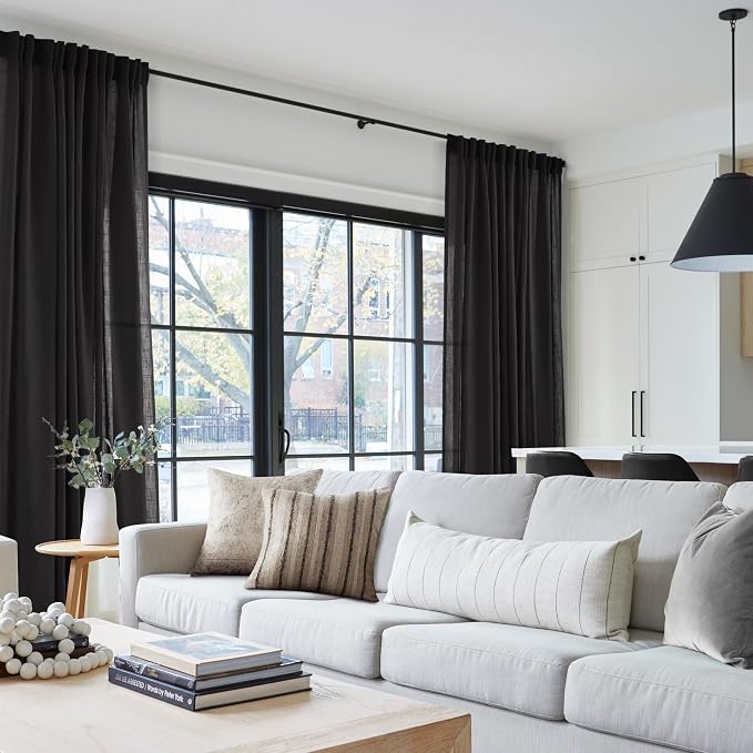 Black Linen Curtains 108 inches Long for Bedroom Back Tab Light Filtering Privacy Semi Sheer Black Curtains Living Room Boho Rustic Farmhouse Cotton Textured Gauze Curtain 2 Panel Set