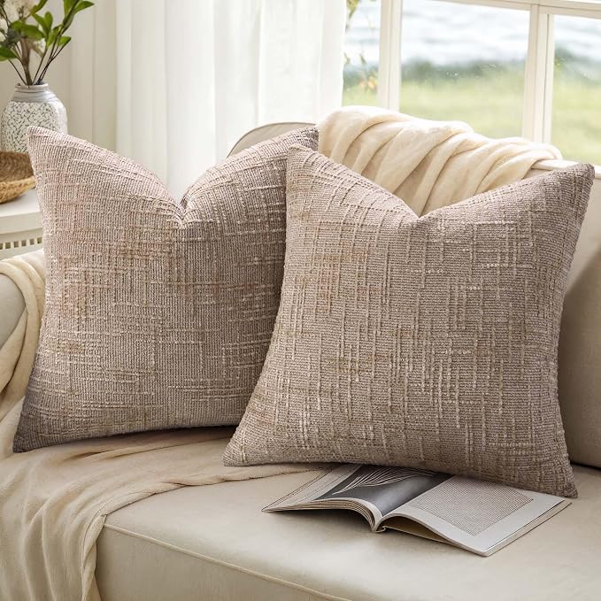 decorUhome Textured Chenille Throw Pillow Covers 26x26 Set of 2 Oatmeal | Fall Modern Farmhouse Soft Cozy Slubby Couch Pillow Cases Boho Decorative Pillow Cases for Bed Sofa Living Room Home Decor