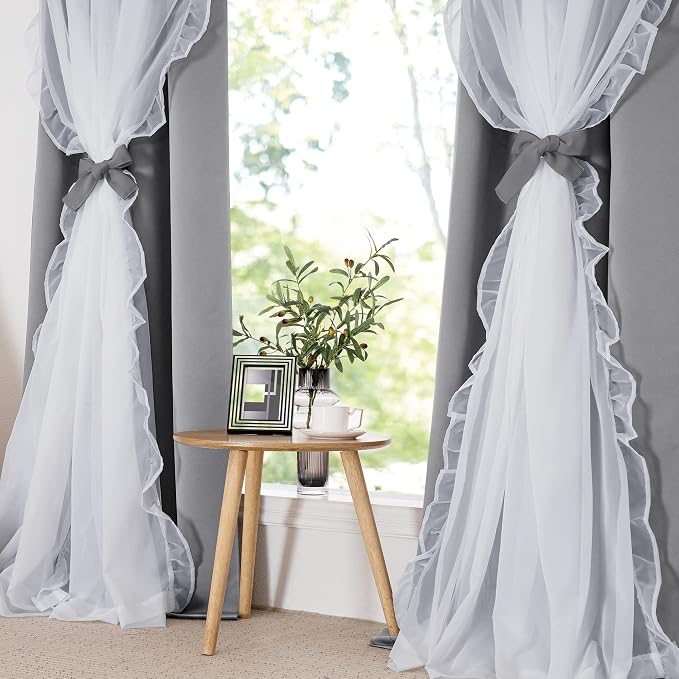 PONY DANCE Shabby Chic Curtains for Room Decor Bedroom Double Layer Ruffle Sheer Overlay with Tiebacks Drapes with Grommet Top, 52" W x 84" L, Silver Grey, Set of 2