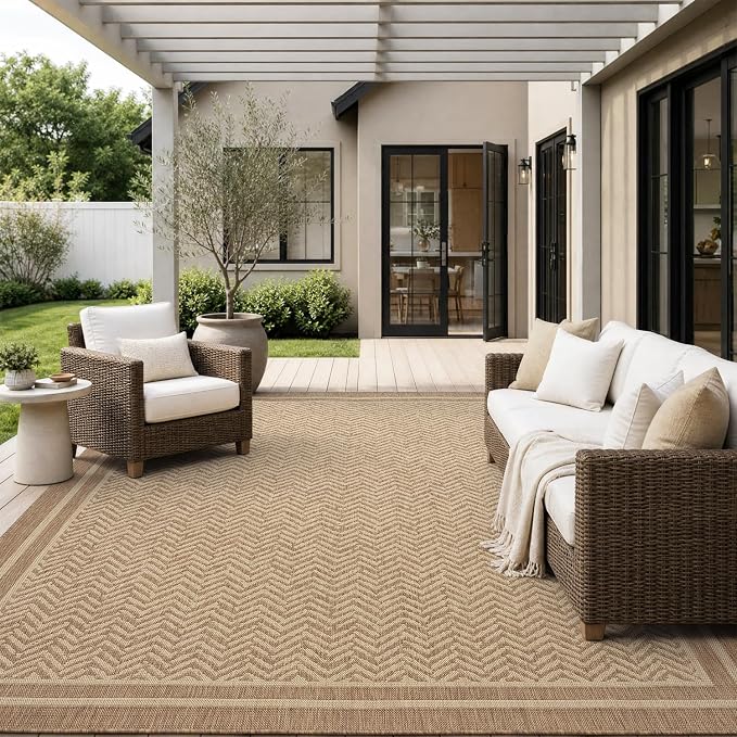MontVoo-Outdoor Rug-Patio Rug 6x9 Polypropylene Indoor Outdoor Rugs Outdoor Carpet for Patio Deck Balcony Porch, Textured Weave, Durable for High Traffic, Fade-Resistant, Boho Farmhouse Neutral Brown