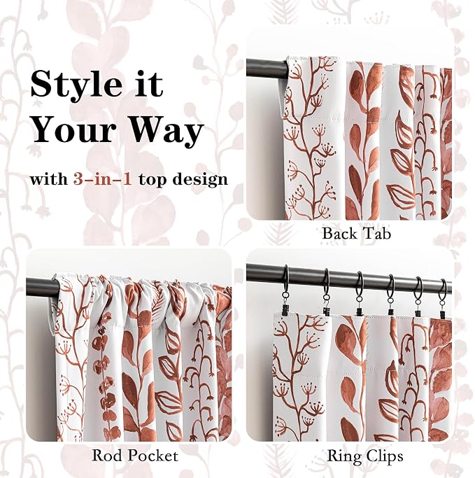 MEETSKY Boho Terracotta Blackout Curtains 72 Inches Long 2 Panels - Burnt Orange Curtains for Living Room Thermal Insulated Privacy Protection Rod Pocket Drapes, Leaf Print Window Treatment, 50" Wide