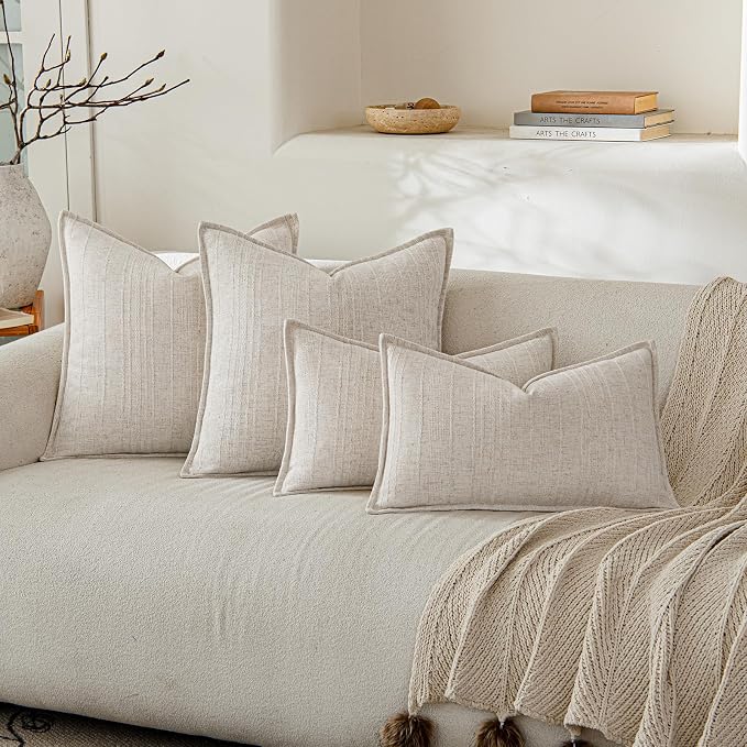 a moment Linen Pillow Covers Set of 2,Boho Farmhouse Throw Pillowcases Neutral Textured Decorative Covers for Couch Sofa Bed,Soft Linen Blend Accent Case Cushion Living Room Home Decor 20"x12"Ivory