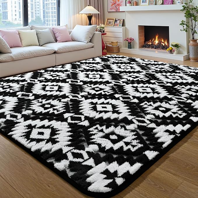 Macgace Ultra Soft Area Rug for Living Room, 5x7 Black and White Shag Rugs | Washable Non-Slip Backing Medium Pile Modren Geometric Fuzzy Carpet for Kids Room, Girls Bedroom, Classroom, Dorm