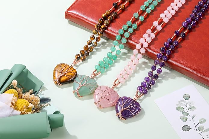 Top Plaza Healing Crystal Amethyst Necklace Natural Stone Beads Life Tree Wire Wrapped Teardrop Gemstone Pendant Jewelry for Women Mom