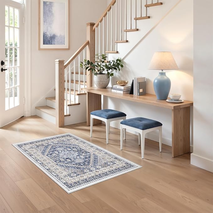 zesthome 2x3 Entryway Rug, Soft Washable Rugs, Non Slip Area Rug, Stain Resistant Low Pile Rugs for Bedroom, Vintage Rug for Door Mat, Kitchen (Blue/Beige,2'x3')