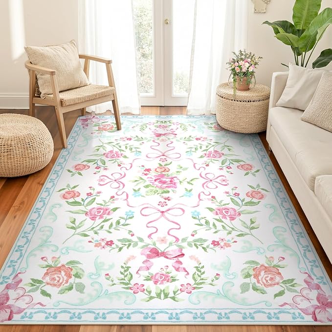 Collive Pink and Blue Floral Rugs for Girls, 5x7 Boho Bow Washable Area Rug for Living Room, Cute Ultra-Thin Non Slip Indoor Decor Carpet for Nursery Kids Room Bedroom Playroom