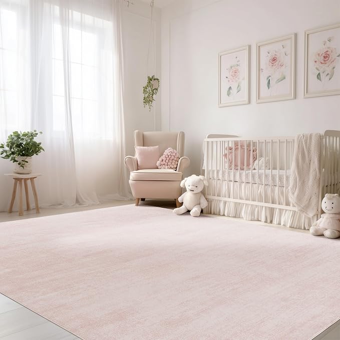 BILEEHOME Abstract Pink and White Rug 5x8 Soft Washable Rugs for Kids Room | Light Blush Low Pile Carpet, for Nursery Living Room Bedroom, Modern Aesthetic Boho, Non Slip Foldable Rubber Backed, 5 x 8