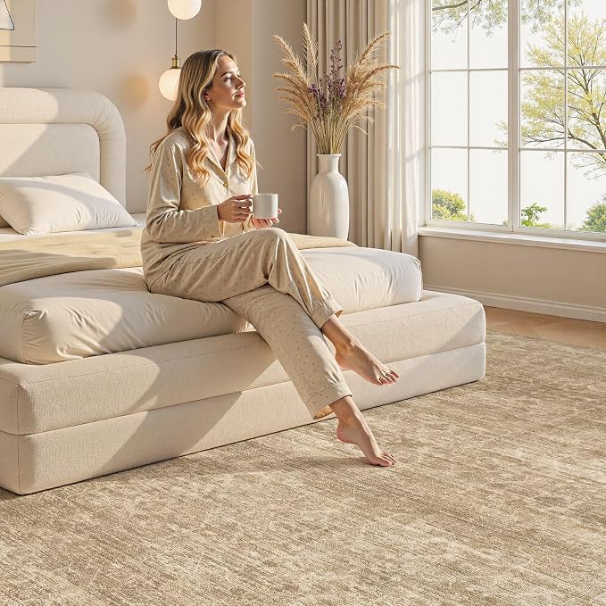 Nakagishi 6x9 Area Rugs Living Room: Washable Large Vintage Rug Neutral Non-Slip Soft Stain Resistant Indoor Carpet for Bedroom Nursery Dining Room Office Playroom - Dark Brown