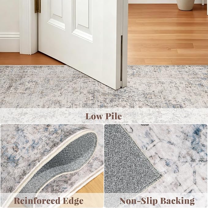 Machine Washable Area Rugs for Entryway: Door Mat Indoor Entrance 2x3 Boho Rug Vintage Distress Non-Slip Low Pile Soft Throw Carpet for High-Traffic Areas Kitchen, Hallway, Farmhouse Decor