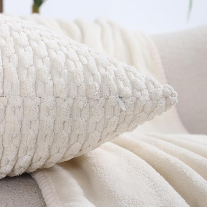 VAKADO Couch Decorative Throw Pillow Covers Cream White 16x16 Set of 4 Boho Corduroy Home Living Room Neutral Rustic Farmhouse Cushion Case Decor Square for Bed Sofa