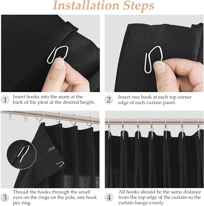 Aersas Black Pinch Pleated 90 Inch Curtains 2 Panels for Living Room Linen Curtains 90 Inches Long Pinch Pleat Drapes for Track System Light Filter Semi Sheer Curtain for Dining Bedroom Office