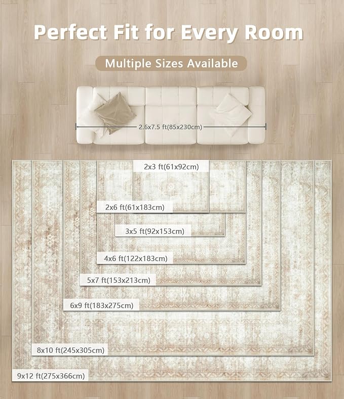 Aoyaomi Vintage Living Room Area Rug - 5x7 Large Machine Washable Boho Moroccan Distressed Farmhouse Rugs for Bedroom - Soft Non-Slip Indoor Floor Accent Rugs for Office Dining Room (Beige, 5' x 7')
