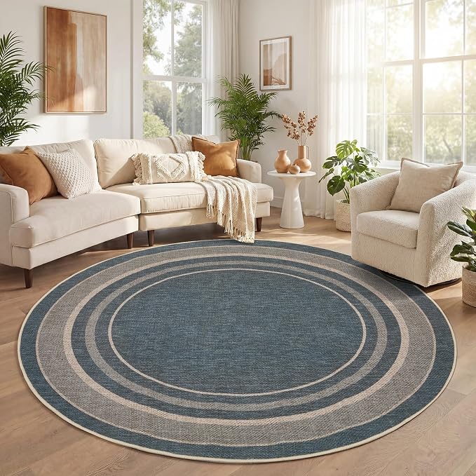 GarveeHome 4ft Easy Jute Round Rug for Living Room Bedroom Circle Rugs | Modern Solid Stain Resistant Dining Room Throw Carpet Non Slip Indoor Round Area Rugs for Kitchen Nursery Entryway Dorm, Blue