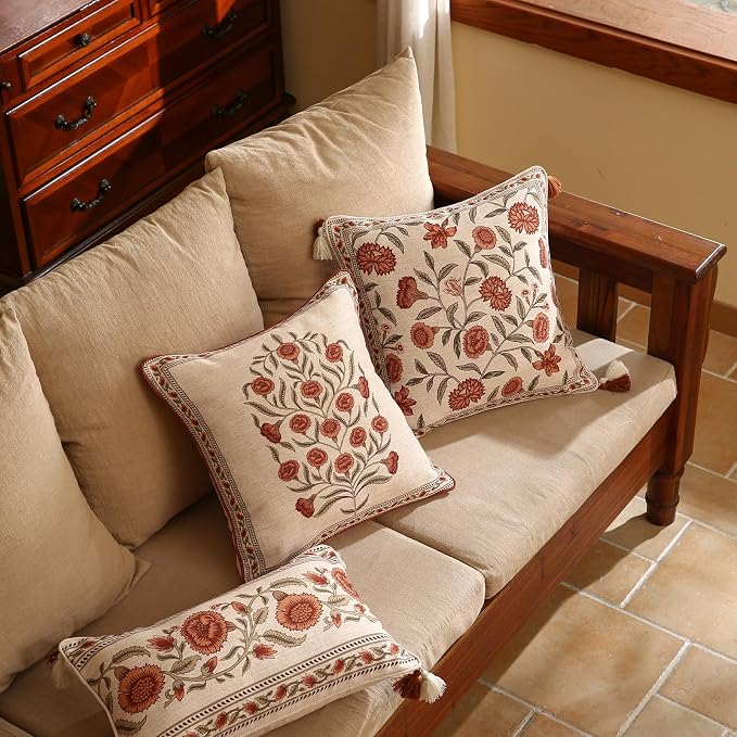 ISAENNE Designer French Linen Throw Pillow Cover,Set of 2,18"x18"-Albano B | Elegant Square Pillow Cover,Concealed Zipper Design,Floral Pattern,Sofas,Bedroom,Living Room,Lounge Chairs,Decor