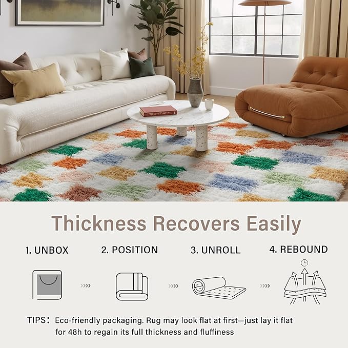 PureCozy Checkered Rug 7x10 for Living Room, Modern Neutral Shag Rug Washable Non-Slip Large Area Rug Super Soft Indoor Fuzzy Carpet Fluffy Rugs for Bedroom Home Aesthetic Decor