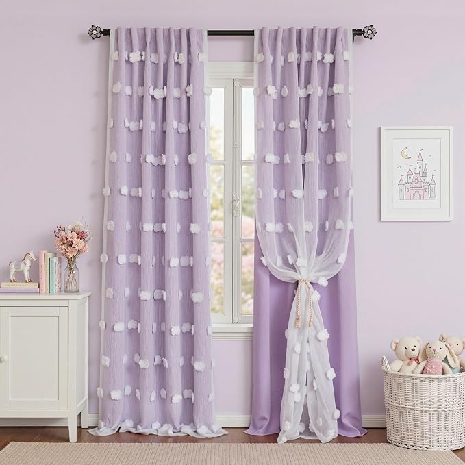 MYSKY HOME Lilac Curtains for Girls Bedroom Nursery Curtain with White Pom Pom Sheer Window Drapes Back Tab Room Darkening Double Layer 63 Inches Length 2 Panels, Light Purple, W52 X L63