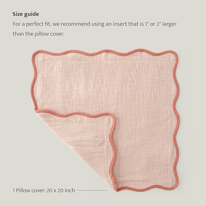 Double Stitch Scalloped Throw Pillow Covers - 100% Cotton Decorative Boho Pillow Covers 20 x 20, Made in India, Square Cushion Case, Modern Home Decor for Couch Sofa Living Room, Shell Pink