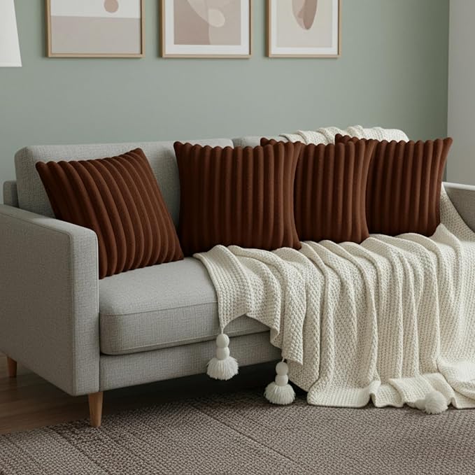Brown Throw Pillow Covers 18 x 18 Set of 4, Cute Boho Throw Pillow Cover for Couch/Bed, Decorative Pillows Covers for Sofa/Bed, Accent Pillow Covers for Living Room, Rustic/Home/Room Decor