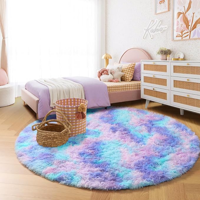 Amdrebio Purple Rainbow Round Rug 5Ft for Bedroom Girls Room Decor, Mermaid Kids Rugs for Playroom Nursery Dorm Classroom, Fluffy Fuzzy Cute Shag Carpet, Soft Kawaii Circle Area Rugs for Baby Toddler
