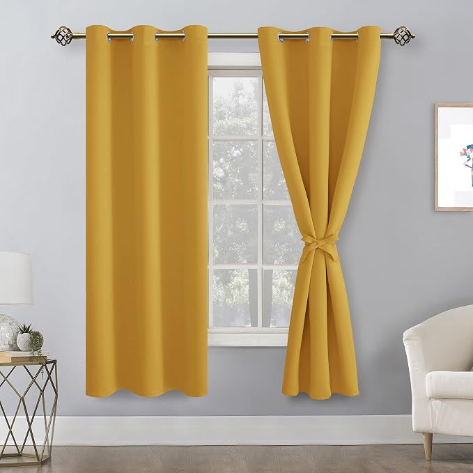Hiasan Blackout Curtains for Bedroom, 42 x 63 Inches Length - Thermal Insulated & Light Blocking Window Curtains for Living Room, 2 Drape Panels Sewn with Tiebacks, Mustard Yellow