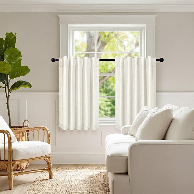 Pitalk Short Linen Blackout Curtains 30 Inch Length for Kitchen Windows Over Sink 42" Wide Cream Ivory Linen Textured Thermal Cafe Drapes for Bedroom Bathroom Back Tab Rod Pocket 2 Panels 42 x 30 Inch