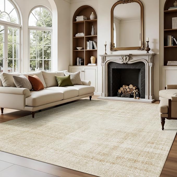 Joydeco Washable 5x7 Area Rugs for Living Room Bedroom, Boho Abstract Beige Dining Room Rug Non Slip, Soft Neutral Classic Indoor Throw Carpet for Playroom Dorm Classroom Entryway Office