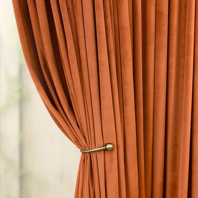 Burnt Orange Velvet Curtains 84 Inch Length for Living Room Darkening 2 Panels Back Tab Pocket Thermal Insulated Fall Long Drapes Western Curtains for Bedroom Mid Century Modern Decor Terracotta Rust