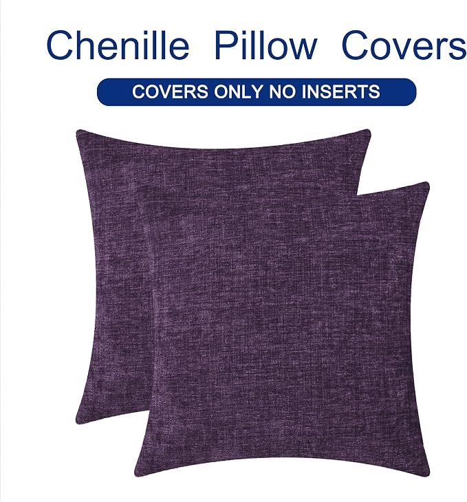 CaliTime Throw Pillow Covers Decorative 16 X 16 Inches Pack of 2 Cozy Chenille Cushion Cases for Couch Sofa Bed Living Room Home Plum Purple