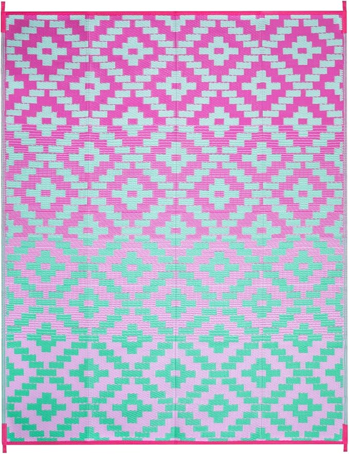 Anidaroel Ombre Outdoor Area Rugs 8x10 Waterproof, Reversible Plastic Straw Outside Rug for Patios Clearance, Large Outdoor Area Rug for RV Camping, Picnic, Camper, Backyard(Green&Pink,8‘x10')