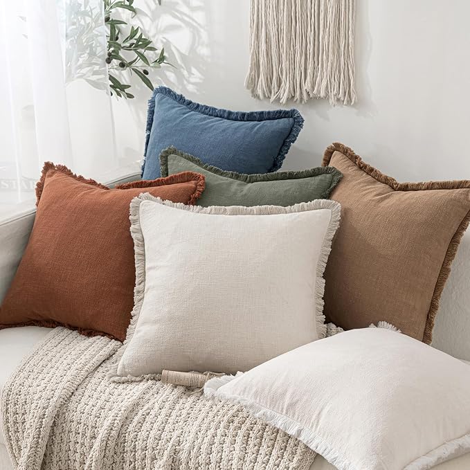 MIULEE Decorative Lumbar Throw Pillow Covers Neutral Linen Fringe Throw Pillows Set of 2 Blue Ashes Boho Farmhouse Cushion Covers for Couch Sofa Bed Living Room Spring Home Decor 12x20 Inch