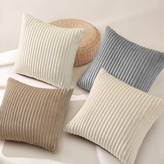 decorUhome Flannel Beige White Throw Pillow Covers 18X18 Set of 4 | Decorative Fall Soft Fluffy Striped Double-Sided Couch Pillow Covers, Modern Farmhouse Pillow Cases for Sofa bed Home Decor