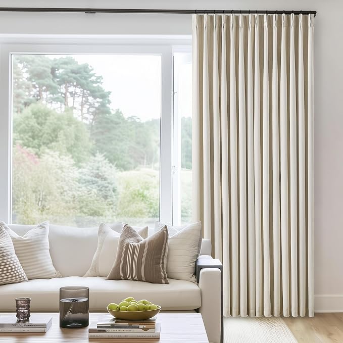Cream Beige Pinch Pleated 120 Inch Curtains High Ceiling Linen Curtains | 100% Blackout Heat Insulated, for Living Room Bedroom Large Window, Pinch Pleat Back Tab, Bohemian Cottage, 2 Panels Set