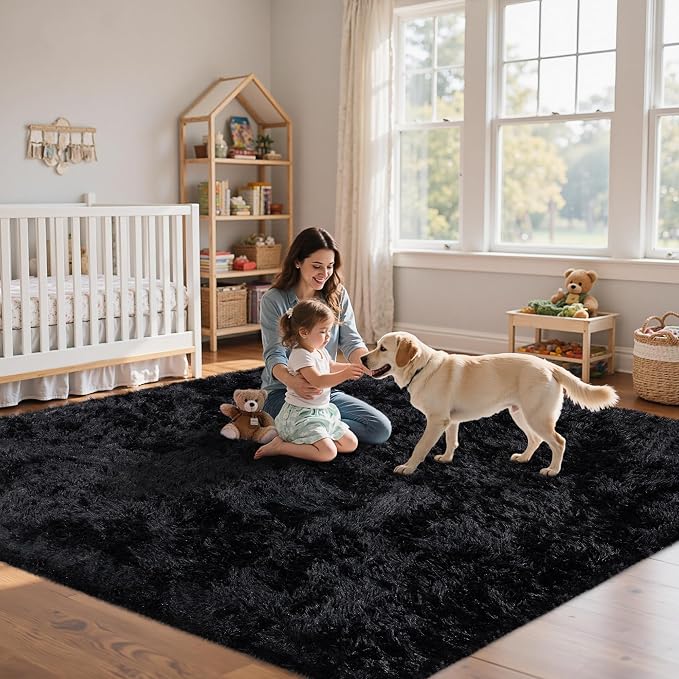 5x8 Area Rug for Living Room:Ultra Soft Fluffy Shag Black Rugs,Large Fuzzy Plush Indoor Non Slip Carpet Washable Rug for Bedroom Kids Nursery Office Dorm Modern Decor(Black 5'x8')