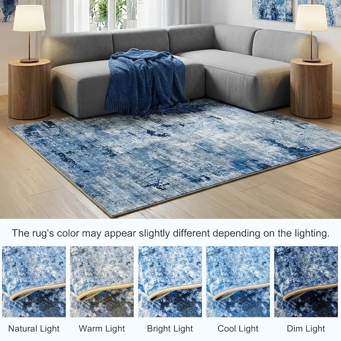 Washable Area Rugs, 0.26 Inch Low Pile Non Slip Abstract Rugs for Bedroom Study Room - Foldable Indoor Carpet, Pet Friendly Surface, Stain-Resistant & Water-Resistant, 5'x7', Blue