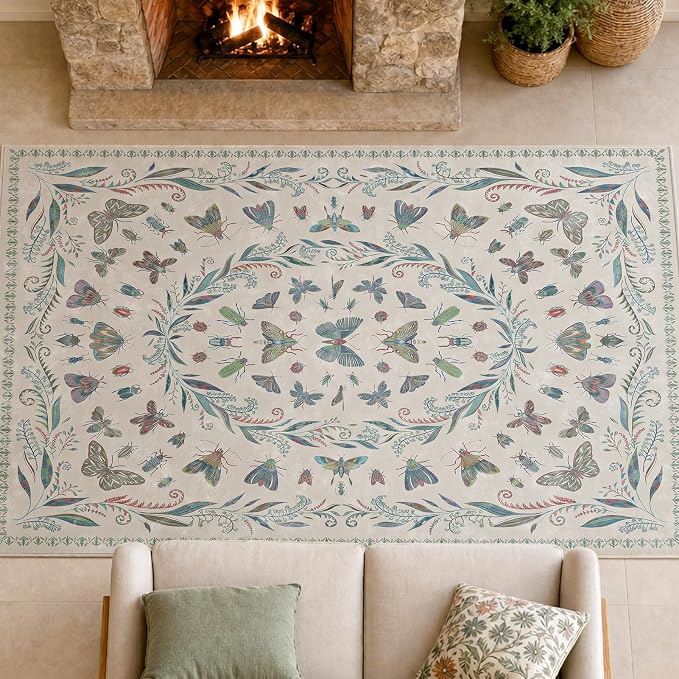Washable Beige Green Large Entryway Rug, 3x5 Area Rugs for Laundry Room, Kitchen, Bedroom, Dorm, Insect Print Vintage Floral Non-Slip Throw Rug Low Pile Stain Resistance
