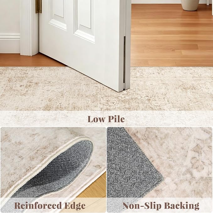 Machine Washable Rugs for Living Room: 10x14 Area Rugs for Bedroom Ultra Soft Non-Slip Low Pile Vintage Distress Boho Large Carpet for High-Traffic Dining Room - Farmhouse Decor