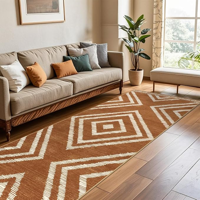 Boho Hallway Runner Rugs 3x10ft Non Slip, Long Brown Washable Kitchen Rug Runners Non Shedding, Geometric Floor Carpet for Bedroom Farmhouse Entryway Living Room Home Decor