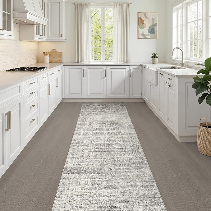 Runner Rug Non-Slip Kitchen Rug: 3x8 Washable Abstract Modern Soft Stain Resistant Indoor Floor Neutral Accent Throw Carpet for Hallway Bathroom Laundry Room Bedroom Entryway- Brown Gray