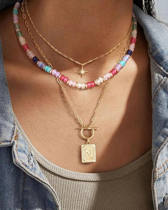 MJartoria Layered Initial Necklaces for Women Trendy, 14K Gold Plated Brass Simple Star Choker Square Letter Pendant Necklace, Colorful Beaded Necklaces Jewelry Gifts