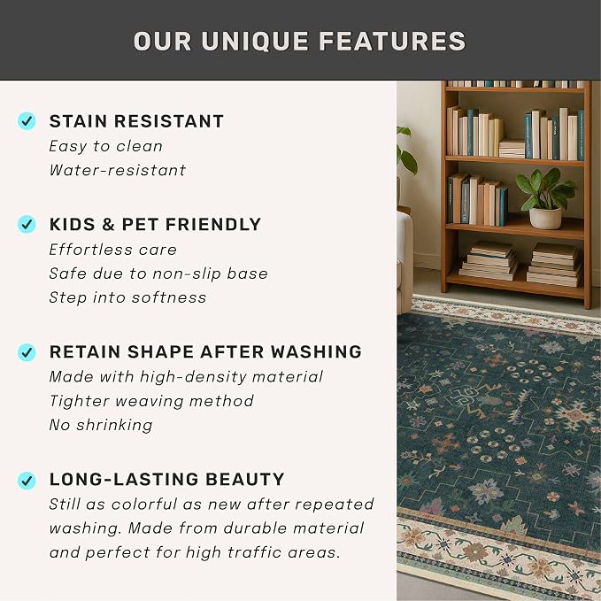 Hazo Haus Dark Green Kitchen Rug 10 ft Long - Modern Vintage Boho Unique Floral with Gold Accent, Washable Low Pile Non-Slip Extra Long Wide Runner Rugs for Hallway, 3x10
