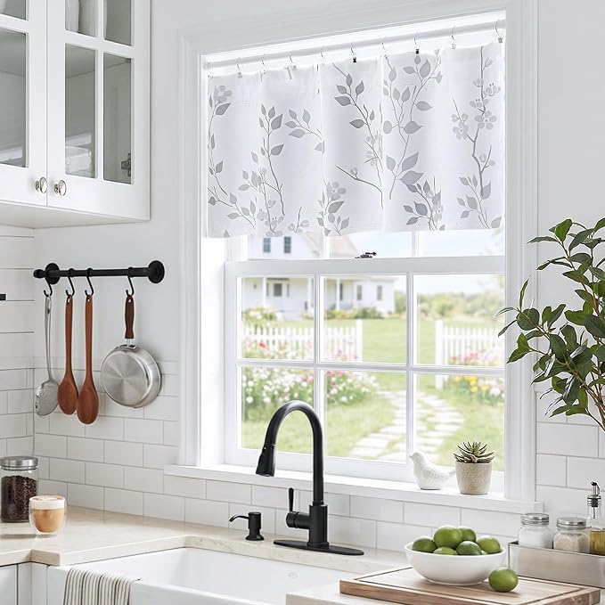 Beauoop Floral Valance Curtains for Kitchen Grey White 52X18 Inch 1 Panel | Flower Patterned Blackout Short Curtains for Living Room Bedroom Cafe 18 Inch Length Thermal Small Window Curtains Rod Pocket