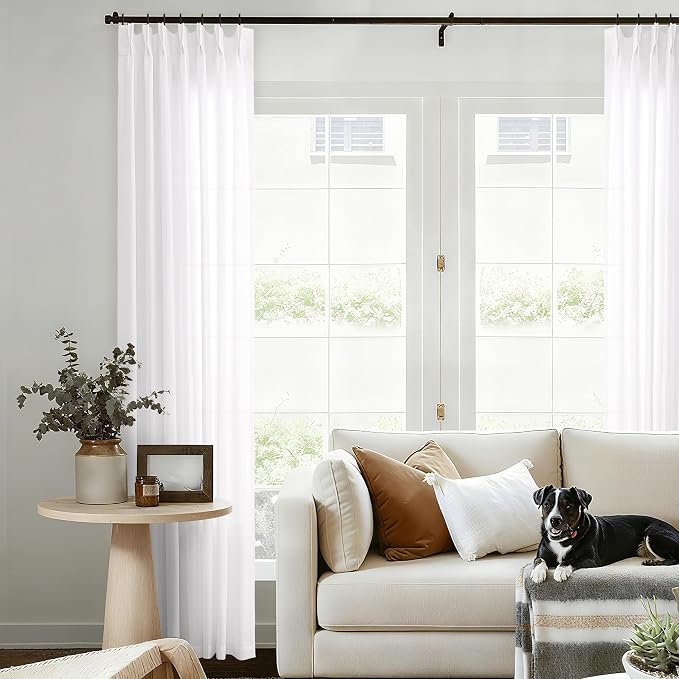 Pinch Pleated Semi Sheer Curtains 132 Inches Long for High Ceiling | Living Room, Extra Long, White, Linen Pleat Drapes, Hooks Rings, Back Tab, Light Filtering, Luxury, 132 Inch Curtain, 1 Panel