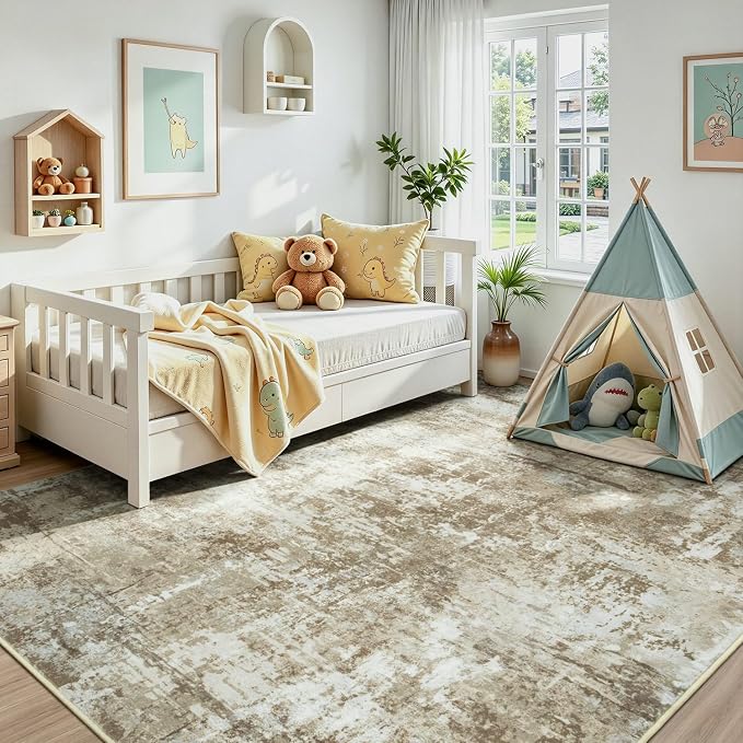 Rugflix 5x7 Area Rugs for Living Room, Washable Large Rug Stain-Resistant Low Pile, Modern Carpet for Dining Room Home Office Kid Room Nursery Bedroom, Brown