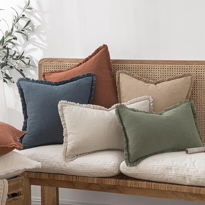 MIULEE Decorative Throw Pillow Covers Neutral Linen Fringe Throw Pillows Set of 2 Camel Boho Farmhouse Cushion Covers with Tassels for Couch Sofa Bed Living Room Spring Decor 18x18 Inch